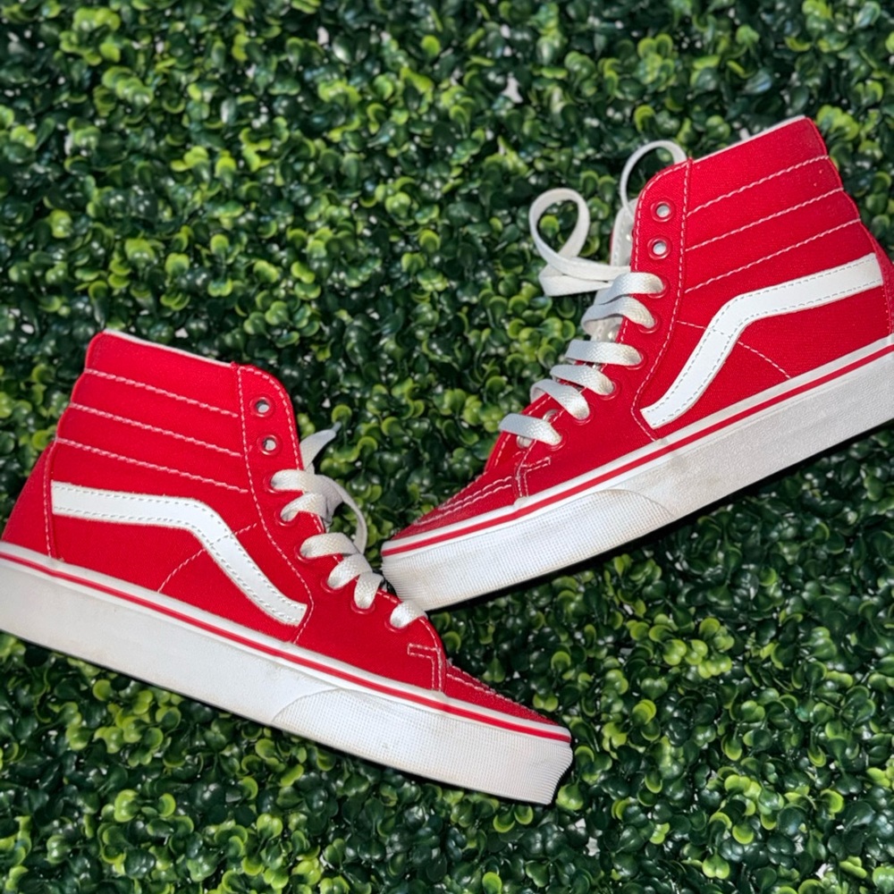 Vans Red and White High-Top Sneakers